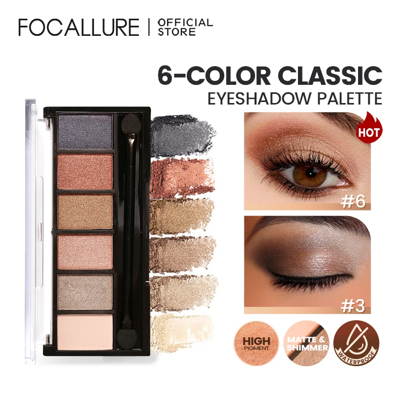 

FOCALLURE 6 Colors Shimmer Eyeshadow Palette Glamorous Smokey Eye Shadow Glitter Smooth Creamy Matte Eye Powder Makeup Cosmetics