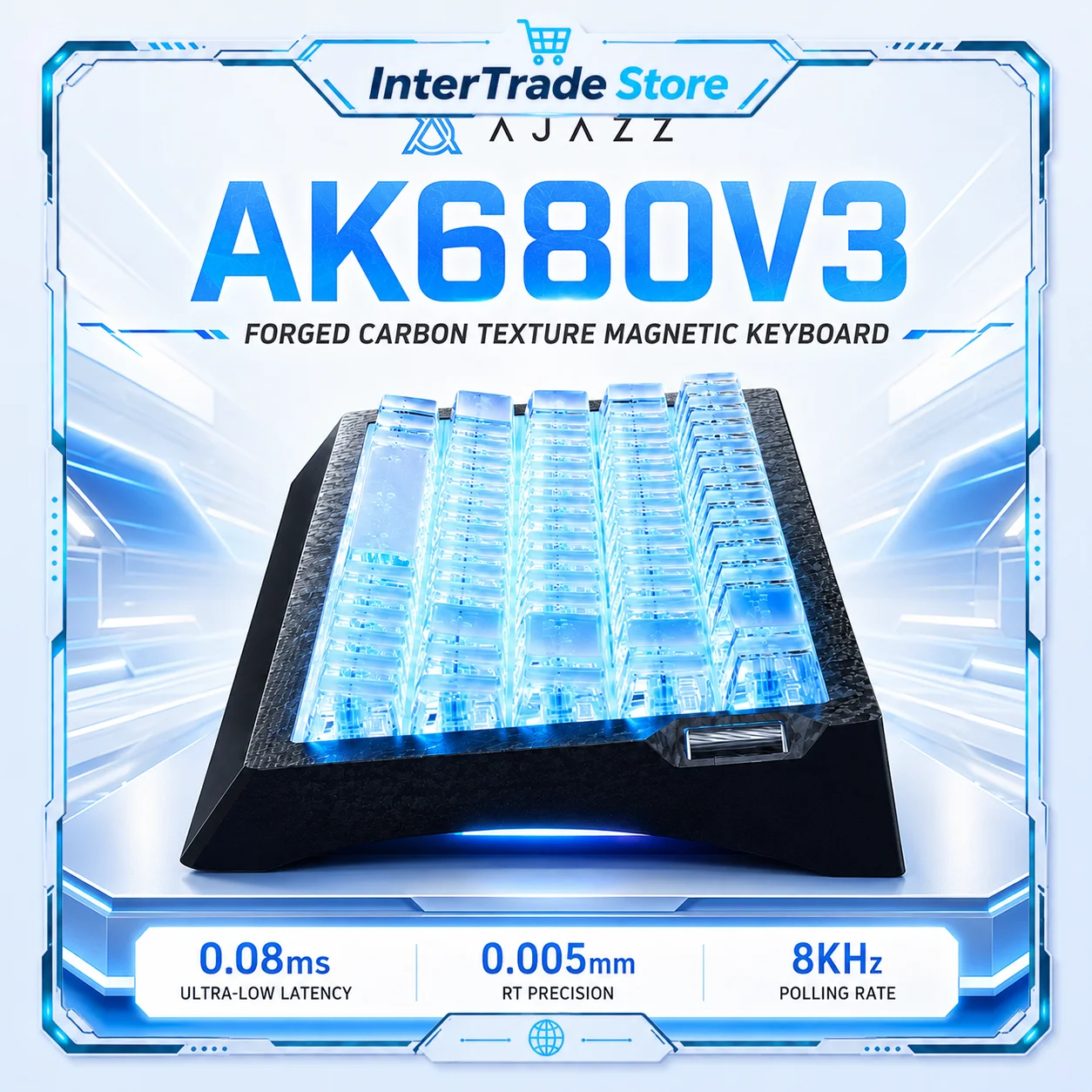 Фото Игровая клавиатура AJAZZ AK680 V3, 68 клавиш, проводная, с магнитными переключателями из углеродного волокна, отклик 0.001мс, частота опроса 8000 Гц, быстрое сканирование 192K, ARGB-подсветка №1