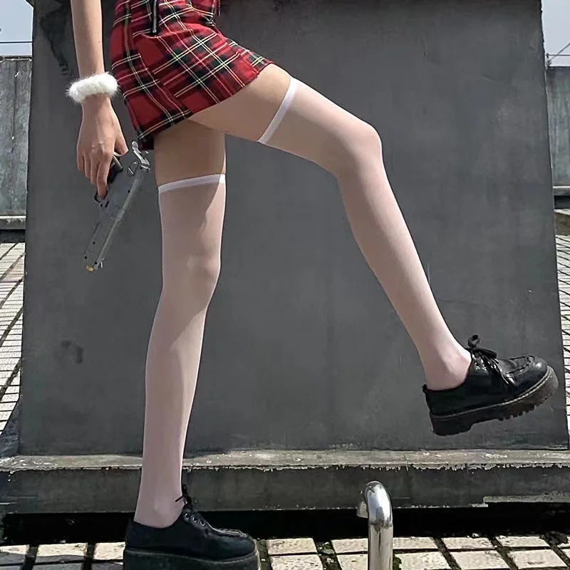 Sexy Ultra-thin Solid Color Over Knee Stockings Summer Black White Elastic Transparent Knee High Socks Japanese Lolita Socks