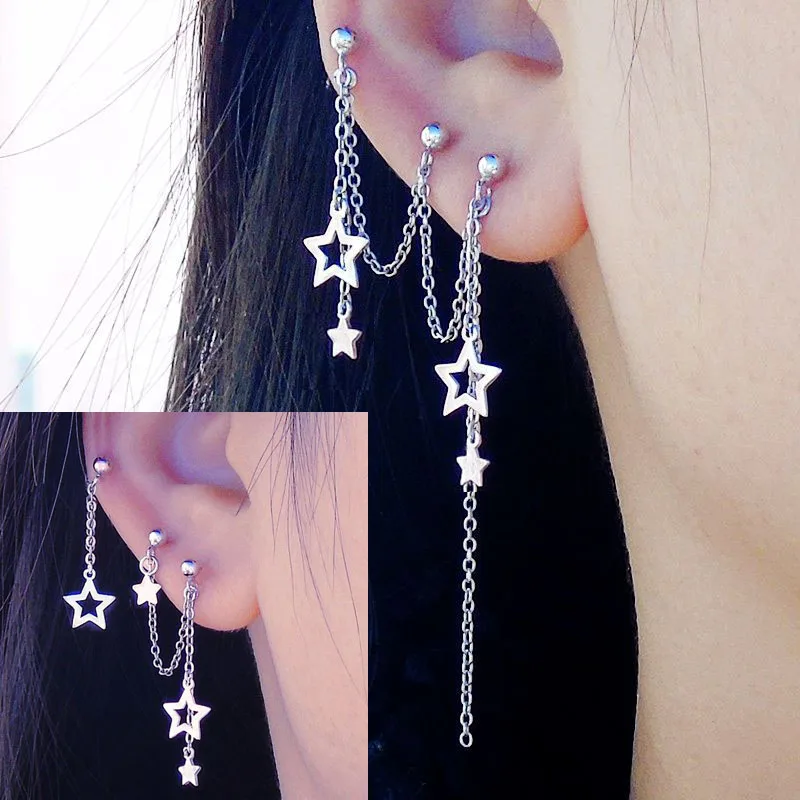 Chain Three Ear Piercings Stainless Steel Tassels Star Earrings Stud Lobe Cartilage Jewelry Up Low Helix Piercing for Women Cute