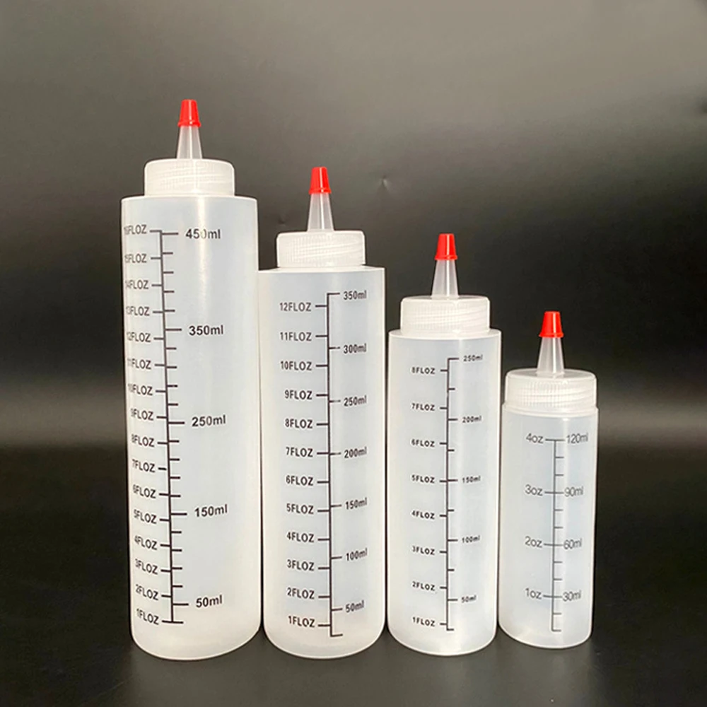 

4 Pcs Plastic Needle-nosed Scale Squeeze Bottle With Leak-proof For Kitchen Salad Sauce Ketchup Syrup Dressings BBQ 4/8/12/16oz