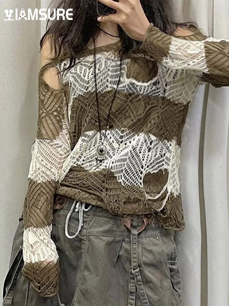 

Ажурные свитера IAMSURE в стиле Харадзюку, прозрачные трикотажные пуловеры с длинным рукавом, женский свитер, осень-весна 2023