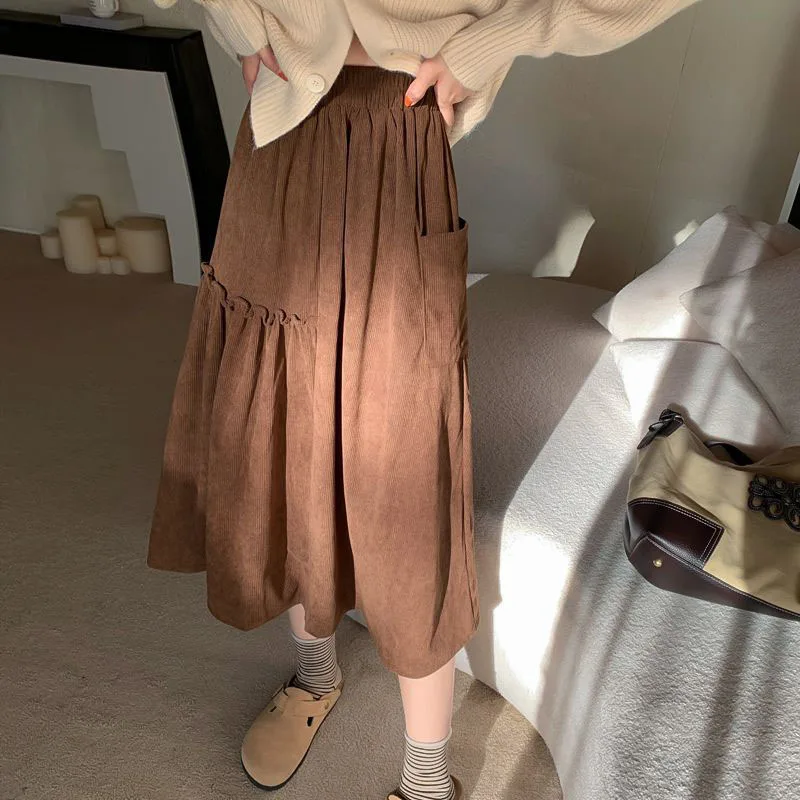 

Rimocy Long Corduroy Skirt Women Autumn Winter Korean Ruffles High Waist Skirts Woman Pocket A Line Mid-Length Skirt Female