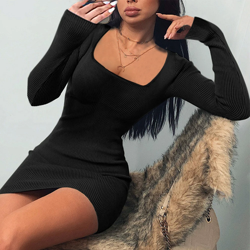 

Summer Sexy Women Dress Elegant Solid Casual Bodycon Long Sleeve Square Neck Knit Sweater Dress For Women Luxury Elegant 2023