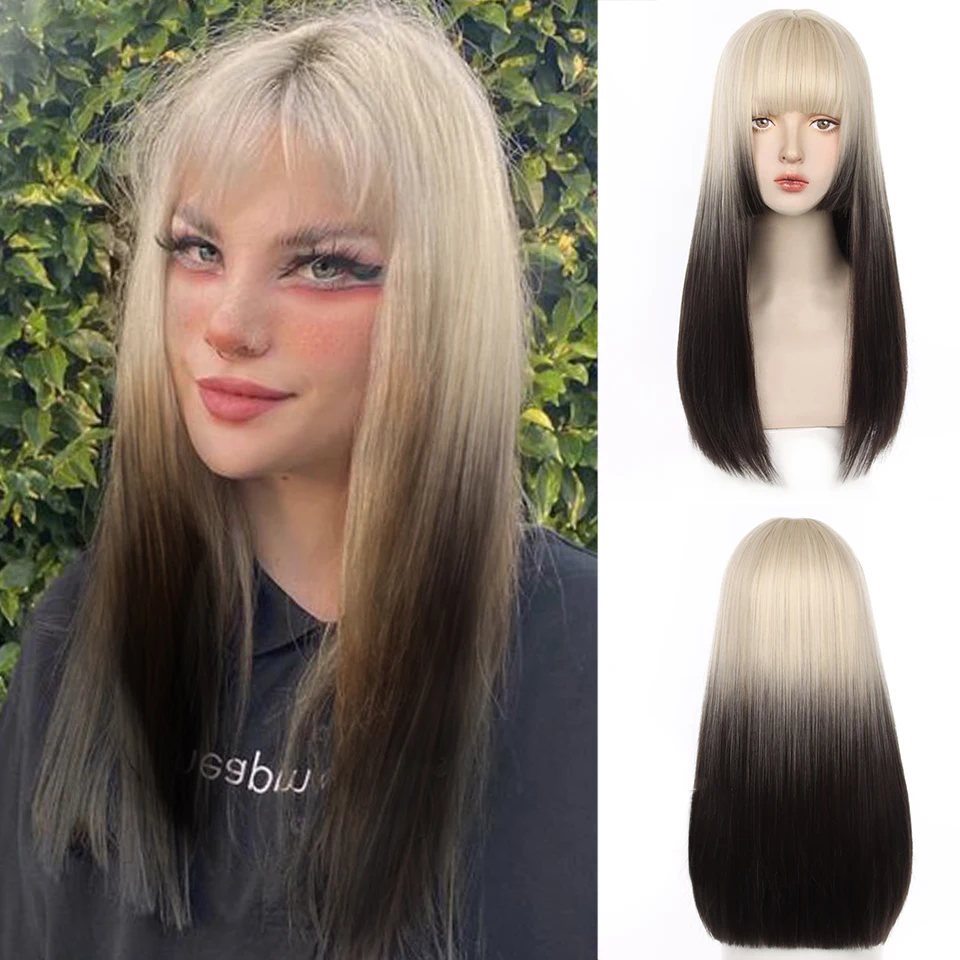HOUYAN Long Straight Hair Pink Blue Gradient Brown Synthetic Wig Female Bangs Wig Cosplay Lolita Wig Natural Hair Heat Resistant
