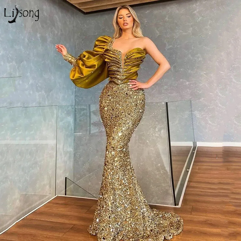 

Блестящие золотые блестящие платья-русалки для выпускного вечера, 2022, сексуальные длинные платья на одно плечо для выпускного вечера, плать...