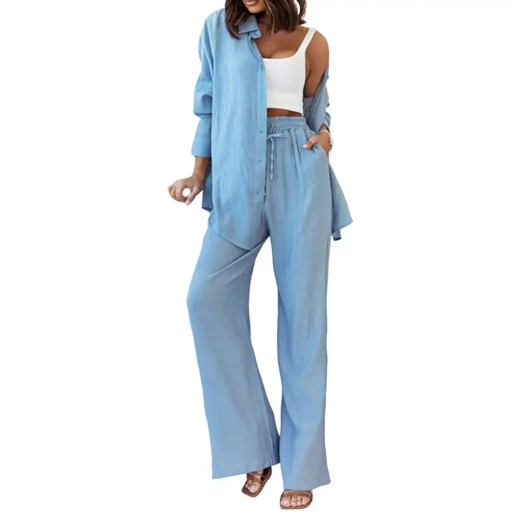 

Casual Women Tracksuit Shirts Pant Suit Summer Solid Color Turn-down Collar Elastic Waist Pant Blouse 2 Pieces Set Women 2022