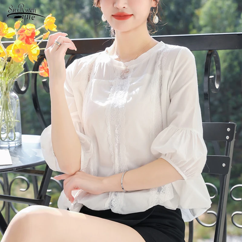 

Модная кружевная женская блузка с вышивкой, повседневные свободные топы с рукавами-фонариками, Летние шифоновые рубашки с круглым вырезом и цветами, Белые блузы 19232
