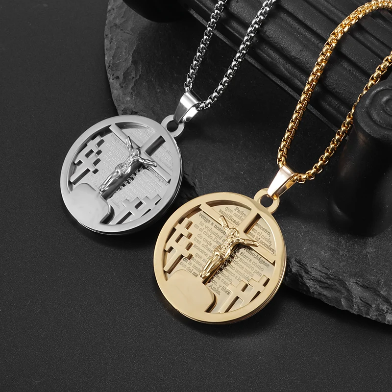 

Classic Stainless Steel Cross Jesus Bible Medal Pendant Men and Women Amulet Necklace Religious Christian Prayer Jewelry