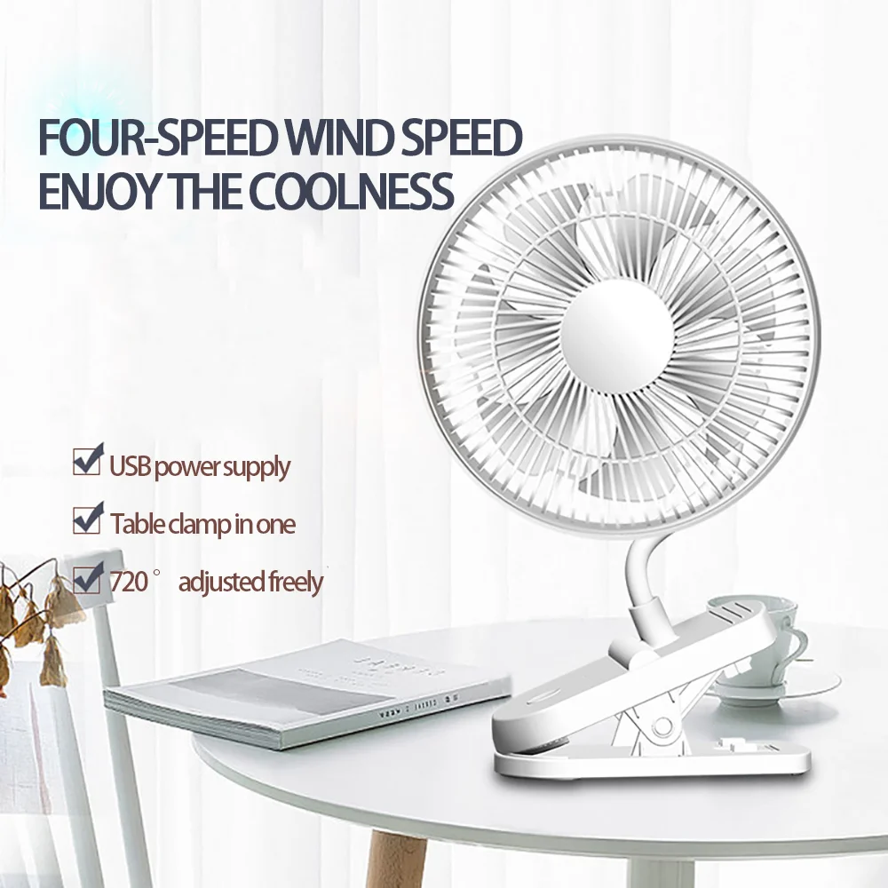 

Clip Fan Ceiling Fan Portable USB Stroller Fans with 4 Speeds Quiet Clip on Mini Table Fan 360° Rotatable Battery Operated White