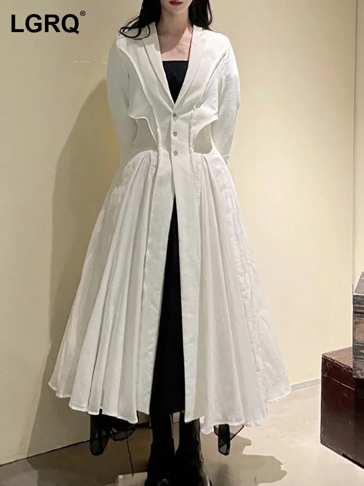 

LGRQ Long Trench Coat Tie Up Waist Solid Color Jacquard Linen Cotton Big Swing Single Breasted Windbreaker Jackets Women 3W6617