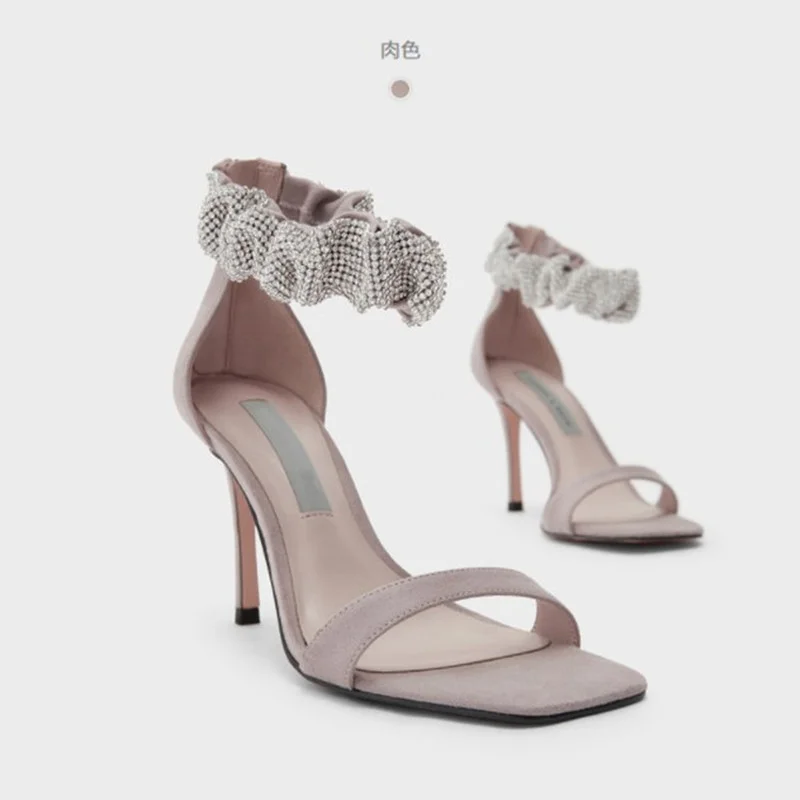 

Pink Ankle Strap Crystal Pleated Women Sandals Bridal Fine Thin High Heels Wedding Shoes Zapatos De Mujer Tacon Saltos Feminino