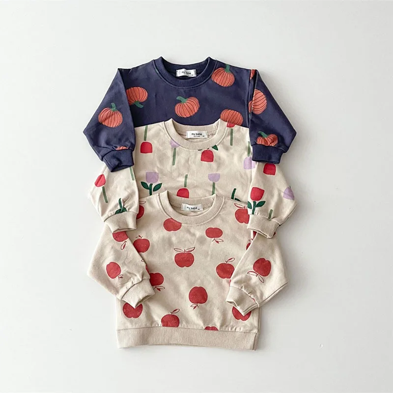 

2022 Autumn New Children Boy Girl Baby Flower Long Sleeve T-shirt Toddler Fruit Print Loose Fashion Tops Kid Cotton Tees Clothes