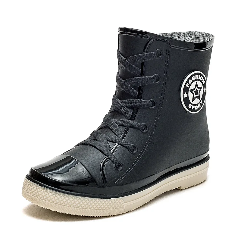 Fashion Solid Color Round Toe Women's Short Boots Waterproof Rainboots with Platform and Warm Cotton for Students, Anti-Slip