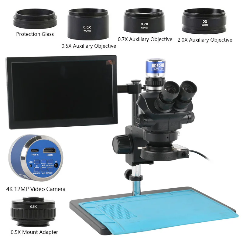 

48MP 55MP 4K VGA HDMI USB Type-c Video Camera 3.5x-100x PCB Soldering Phone Stereo Trinocular Microscope 11.6 inch LCD Monitor