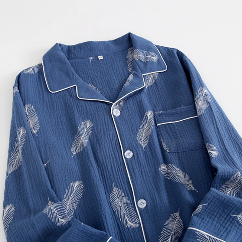 New Autumn Men's Crepe 100% Cotton Gauze Suit Long Sleeves Trousers Mens Pajama Set Men Sleepwear Cartoon Nightwear 2 Piece Set