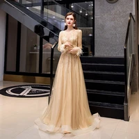 boat neck champagne grey beaded organza evening gown a line formal party prom dress with fur sleeves