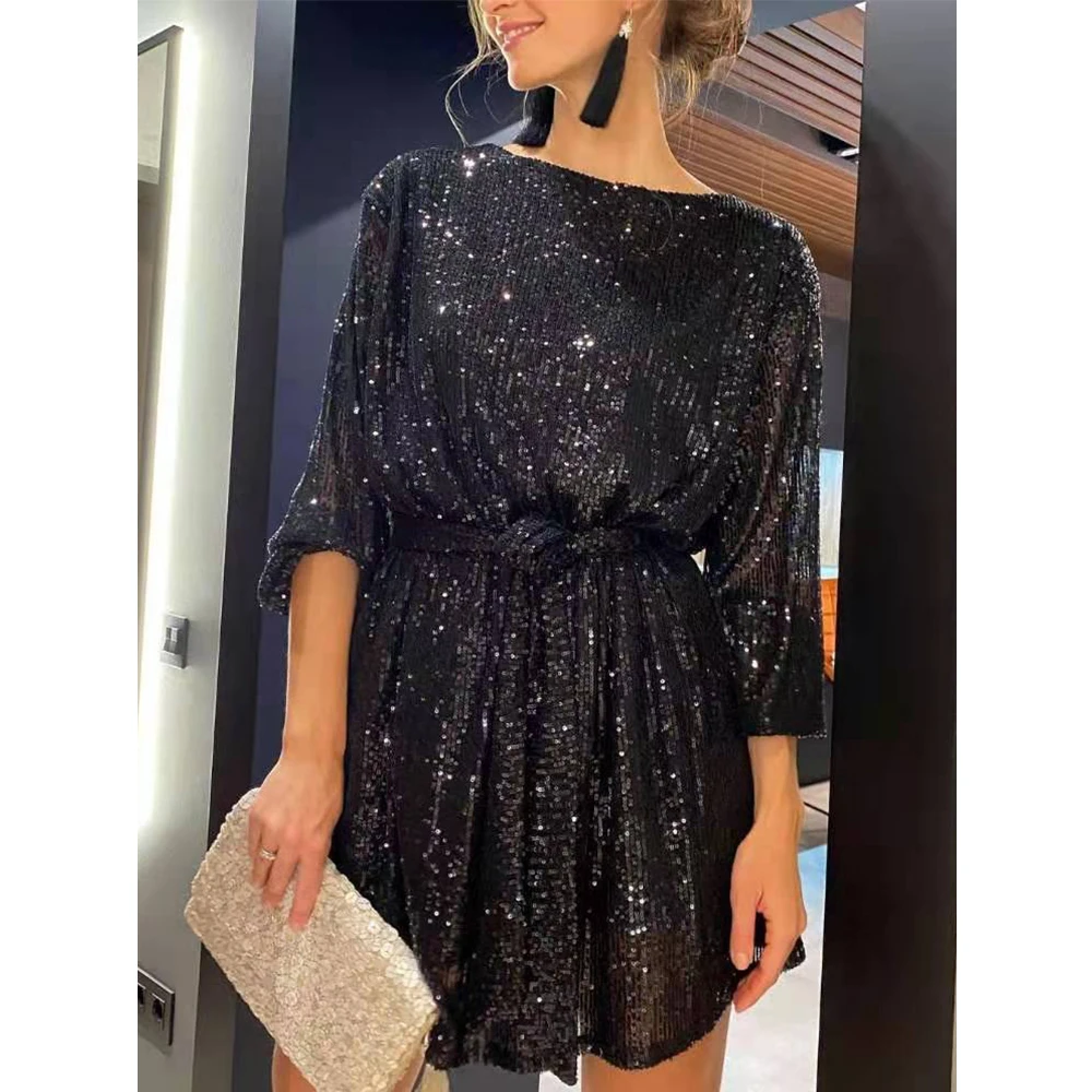 

Gtpdpllt 2022 Black Mini Dress Women Sexy High Waist Lace-Up Elegant Party Vestidos Evening Sequins Female Christmas Dresses