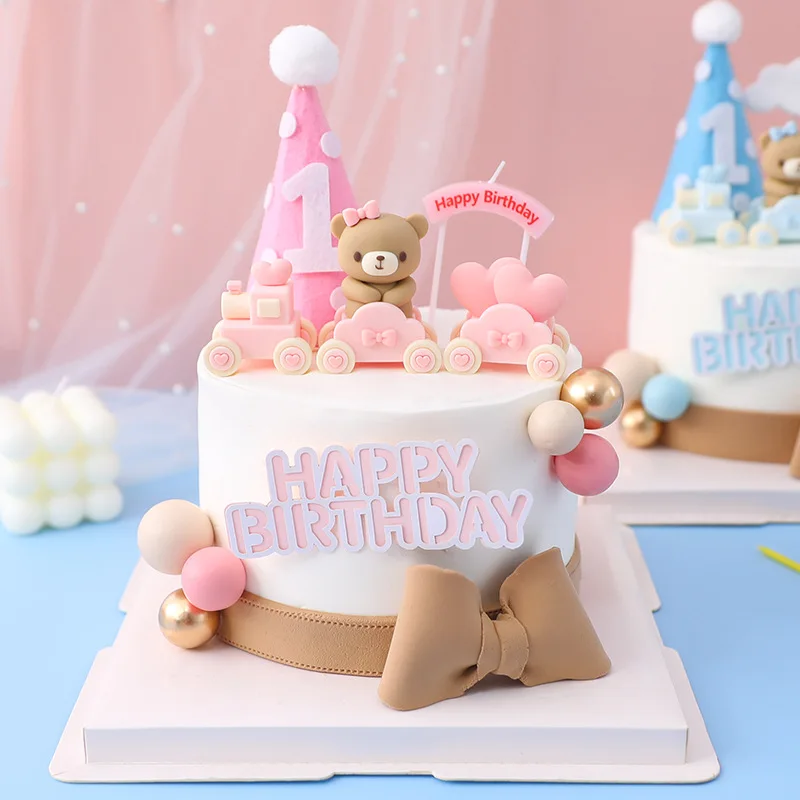 

Pink Blue Bear Train Cake Topper Birthday Decorations Rubber bear Dolls Ornament Baby Shower Boy Girl Birthday party cake Decor