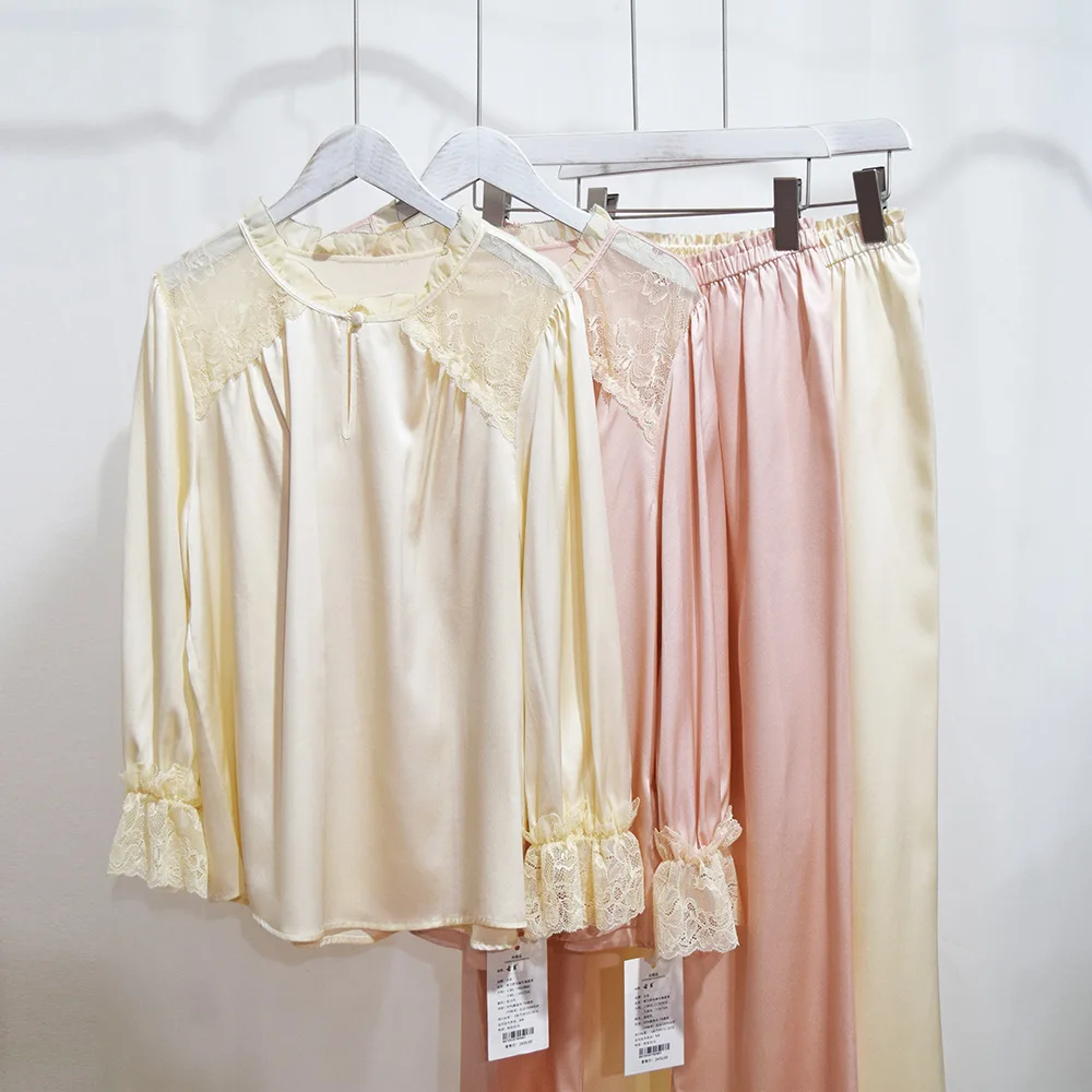 Heavy Silk Pajamas Suit Women's Long Sleeved Pants Two Piece Mulberry Silk Home Clothes Pijamas Women  Sleepwear