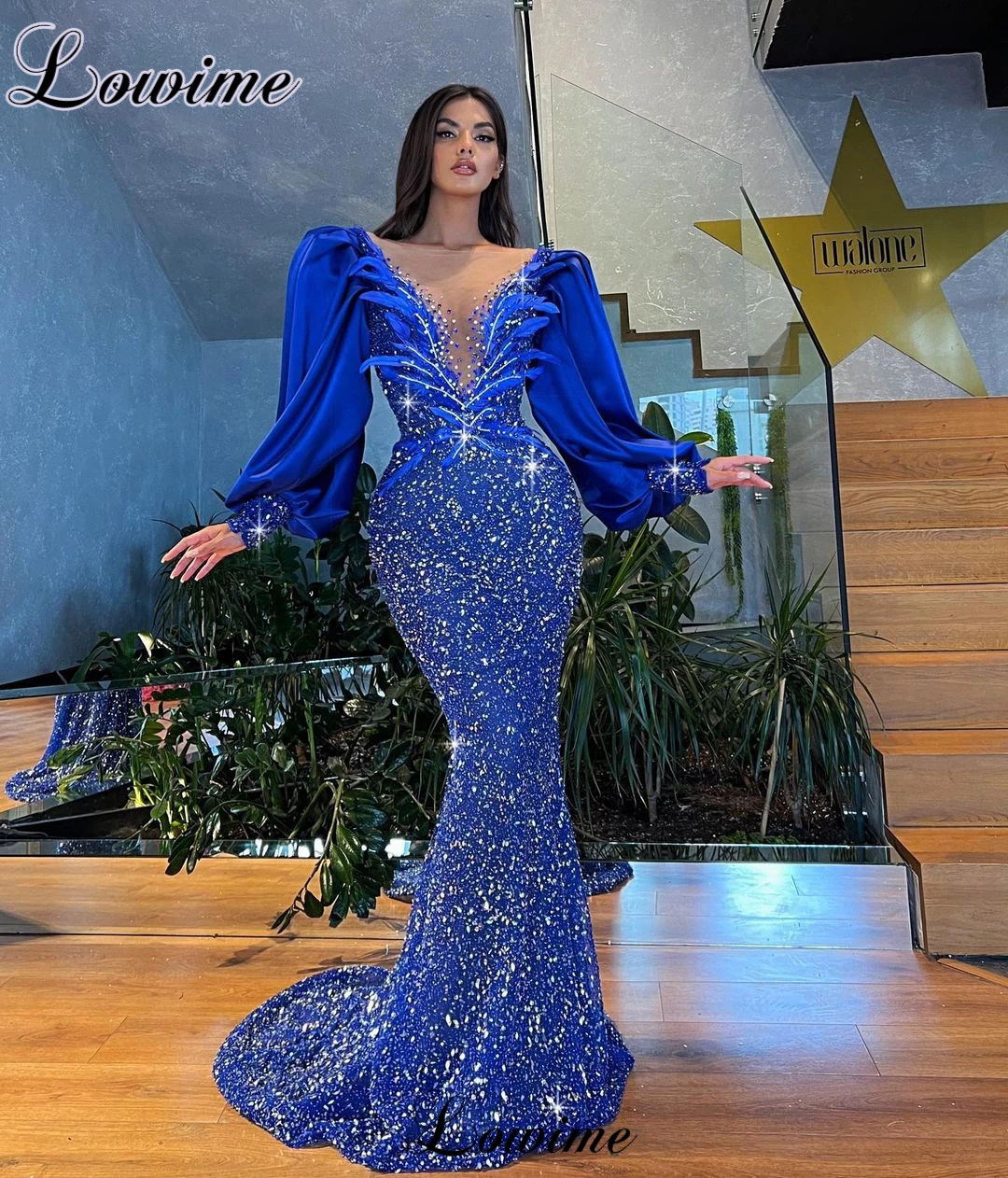 

Royal Blue Elegant Evening Dresses Mermaid Crystals Long Sleeves Formal Occasion Dresses Robes De Soirée Prom Party Dresses