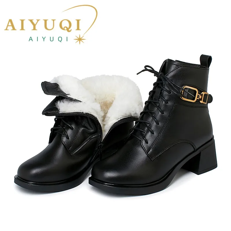 AIYUQI Winter Boots Women Wool Warm 2023 New Genuine Leather Women Marton Boots British Style Lace-up Large Size Booties Women