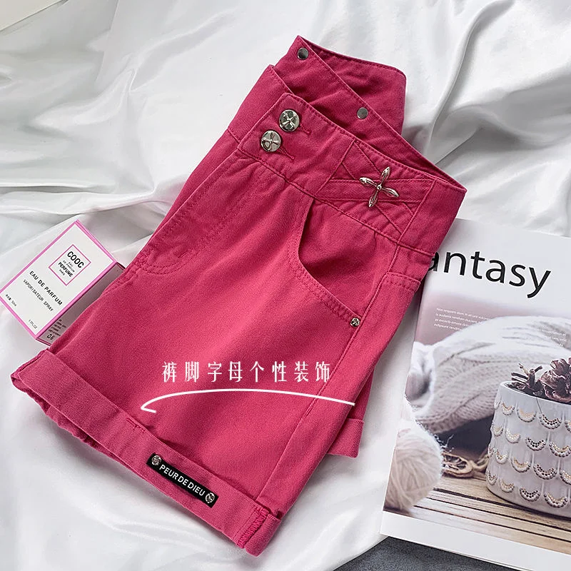 2023 Summer New Design Sense Large Size Denim Shorts Women's Rose Red High Waist Slim Straight Leg Pants Fashion