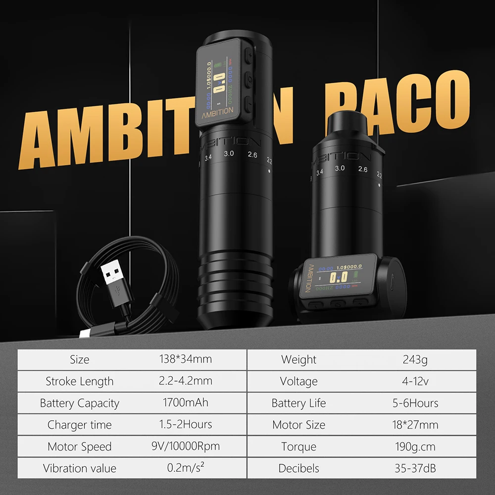 Беспроводная тату-машинка Ambition Paco 2025 с регулируемым ходом 2 2–4 мм