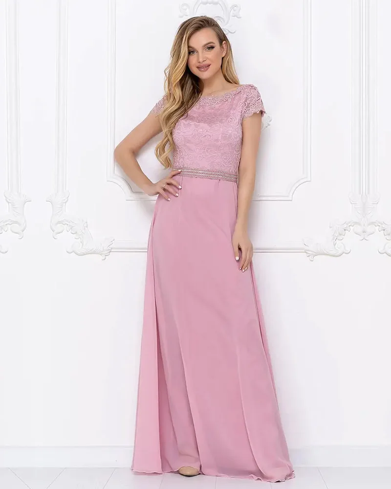 

Scoop Formal Evening Dress Neckline Guipure Translucent Short Sleeve Lace Decorated Belt Sequined Floor Length Ruffles