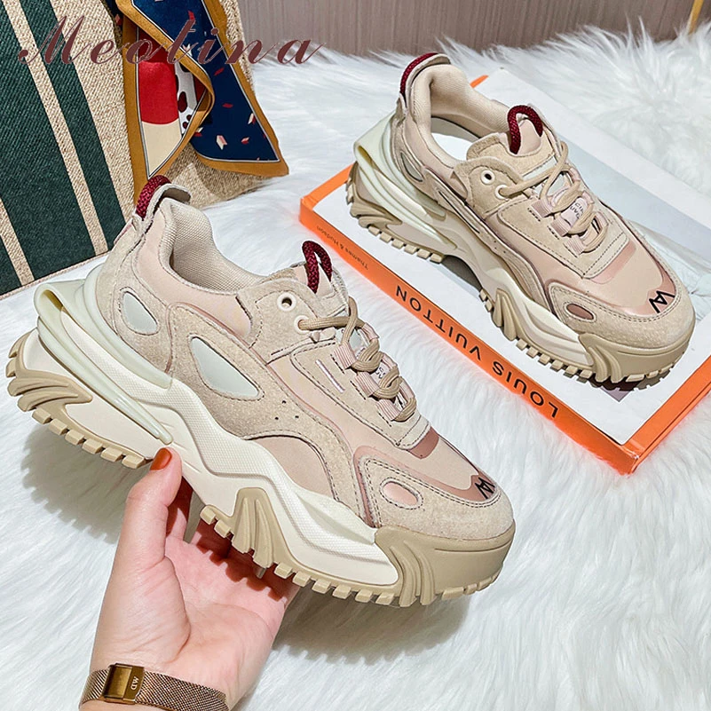 

Meotina Genuine Leather Women Shoes Thick Heels Pumps Lace Up High Heels Platform Ladies Footwear Spring Apricot 40 Cow Suede