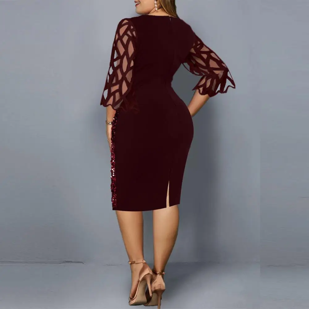 

3/4 Sleeve Women Dress Sequins O Neck Bodycon Casual Elegant Sheer Patchwork Shiny Party Knee-length