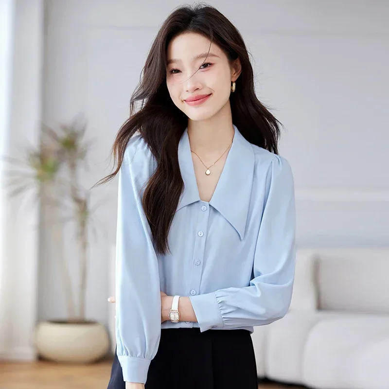 Модная женская рубашка с отложным воротником белая длинным рукавом блузка