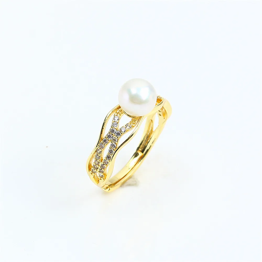 

14k gold plating color preservation ripple hollow zircon pearl ring opening adjustable DIY accessories