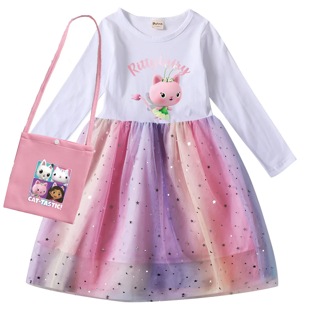 

2-10Y Gabbys Cat Dollhouse Clothes Kids Cartoon Cute Cats-tastic Dress Baby Girls Long Sleeve Princess Dresses with Little Bag