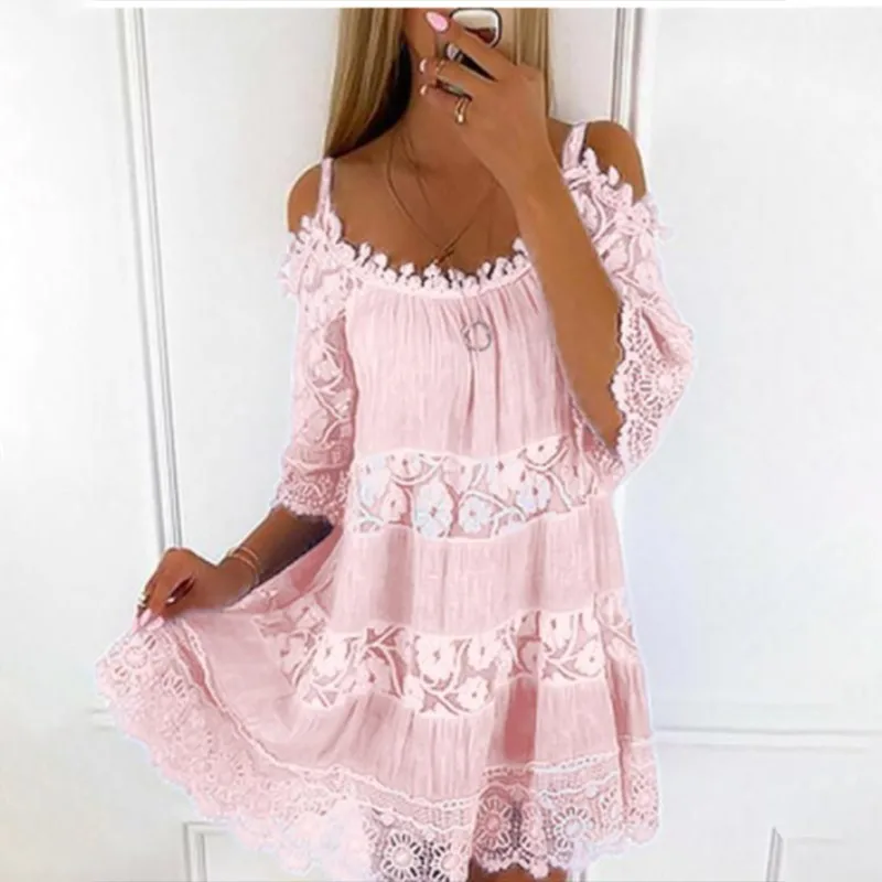 

Princess Style Dress Off Shoulder Lace Strap Dress Casual Solid Loose Dress