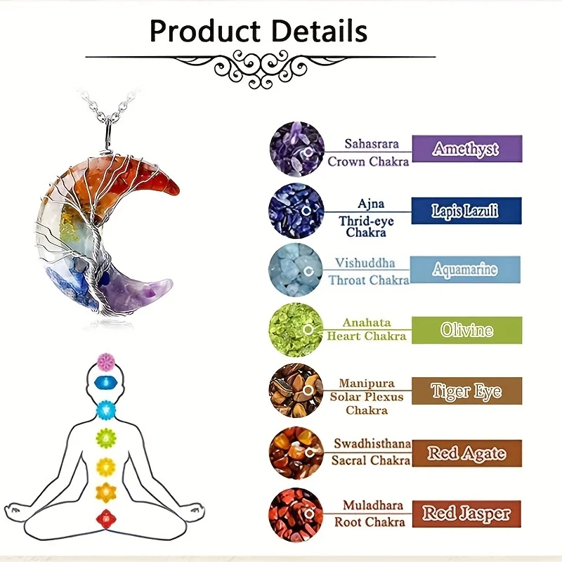 Ожерелье С Целебными Кристаллами 7 Чакры Древо Жизни Подвеска Фазой Луны Ручная