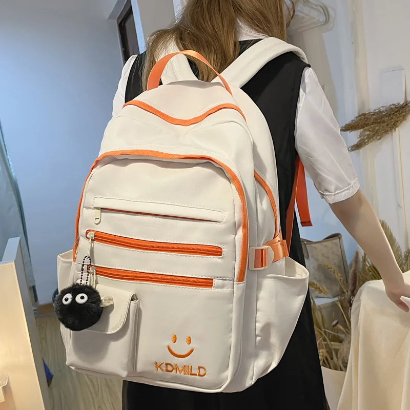 

DCIMOR Letters Embroidery Nylon Women Backpack Female Multipocket Smiling Travel Bag College Girls Big Schoolbag Korean Bookbag