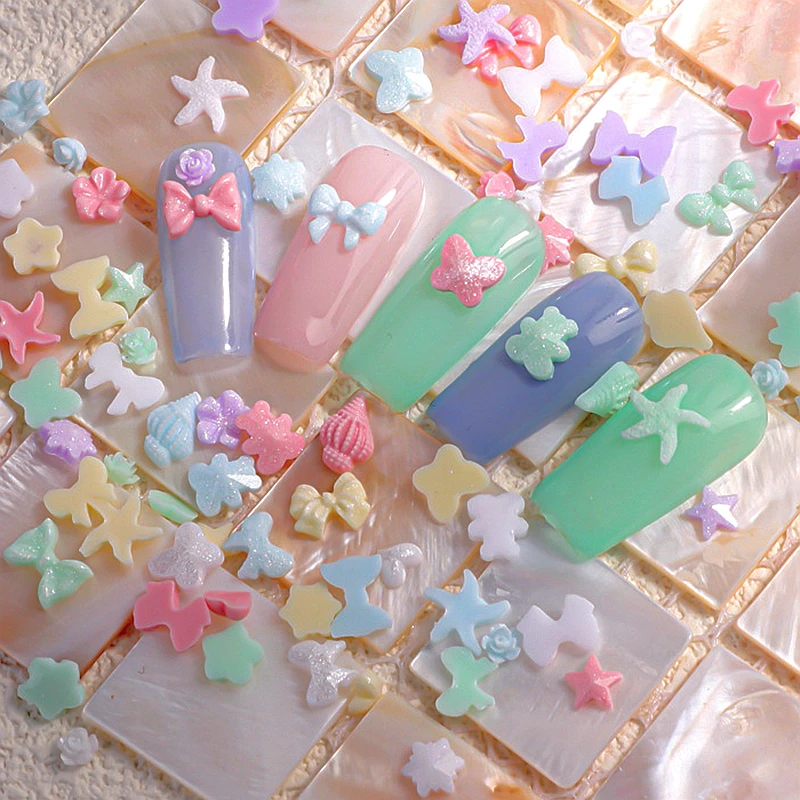 

50PCS Mixed Macaron Color 3D Resin Nail Art Charms Heart Bow Star Conch Design Nail Decoration Supplies Manicure Accessories