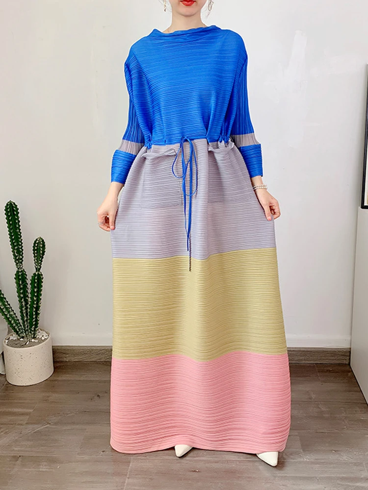 Женское плиссированное платье LANMREM свободное с длинным рукавом и круглым вырезом