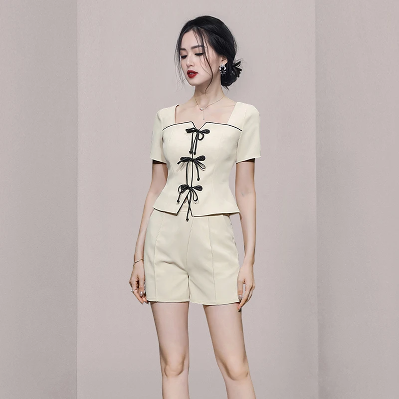 

Fashion Women's Shorts And Shirt Top Set Korean Two Piece Suits Female Summer Office Ladies Elegant Sets