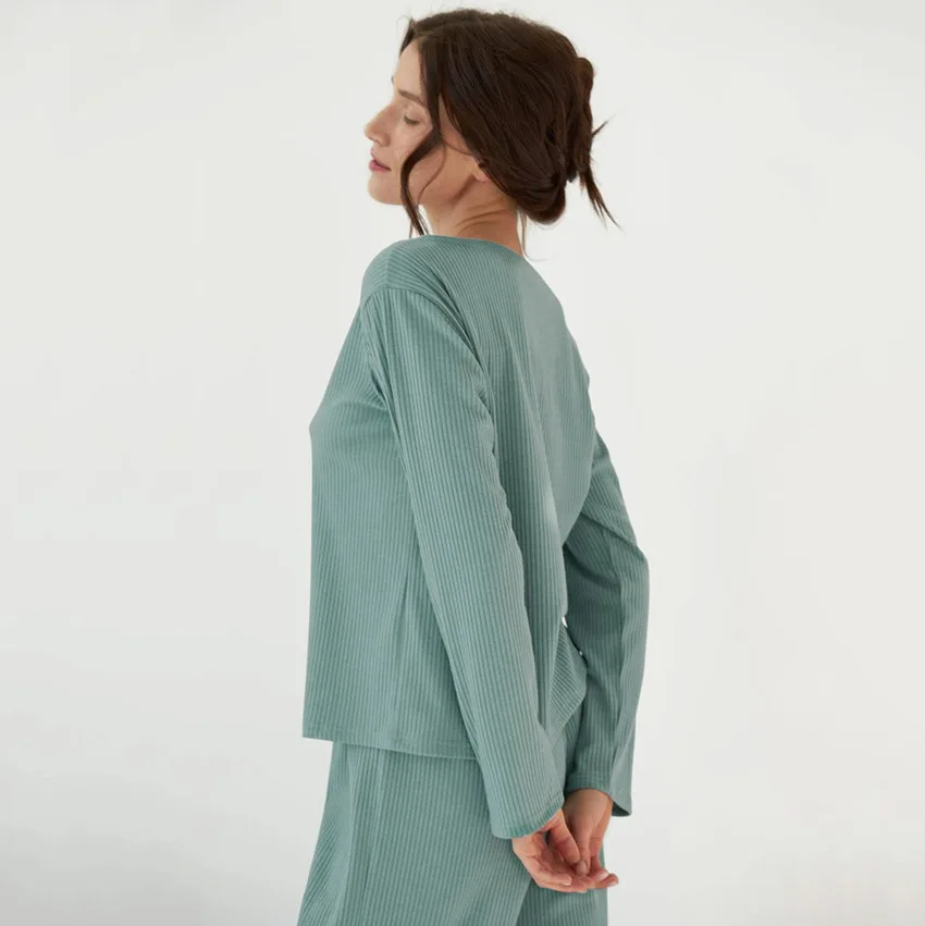 Женский домашний пижамный комплект в полоску зеленая кофта с длинным рукавом и