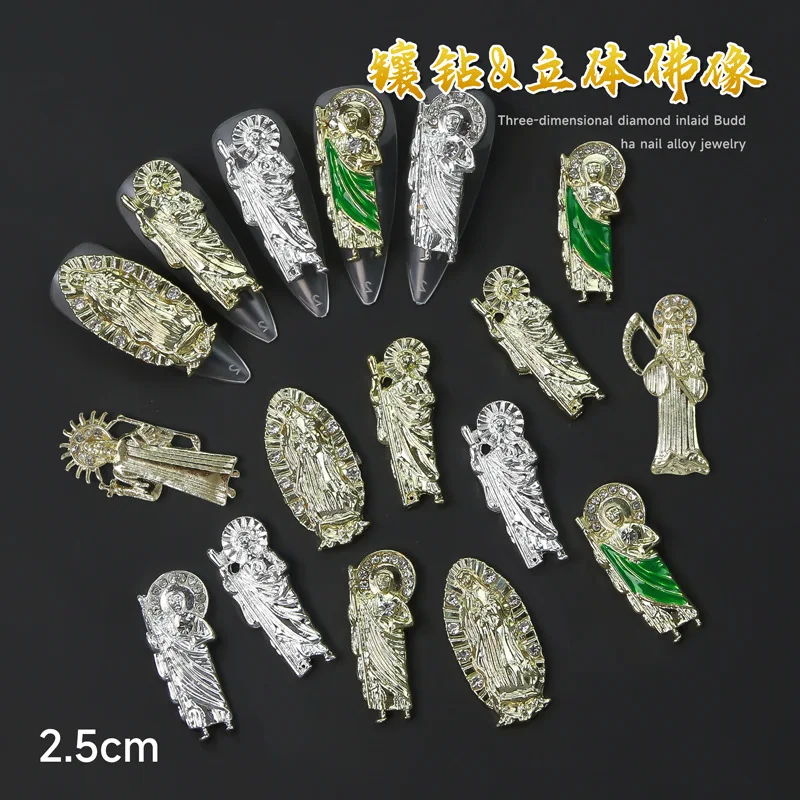

10Pcs Virgin Mary Gun Nail Charms Gold Silver 3D Alloy Diamond Dragon Pentagram Pendant Nail Art Decorations Manicure Accessorie