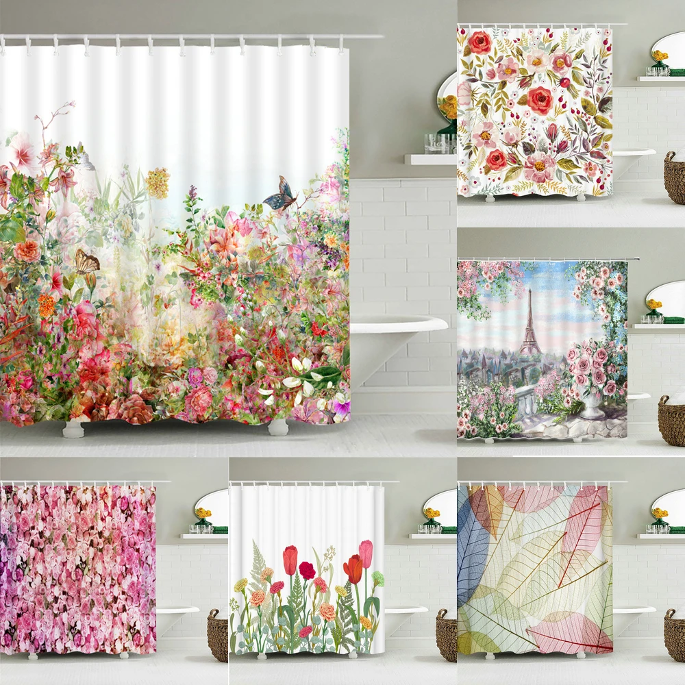 

Flowers Butterfly Pattern Shower Curtains Bathroom Curtains Waterproof Polyester Bath Curtain with 12 Hooks Shower Curtain