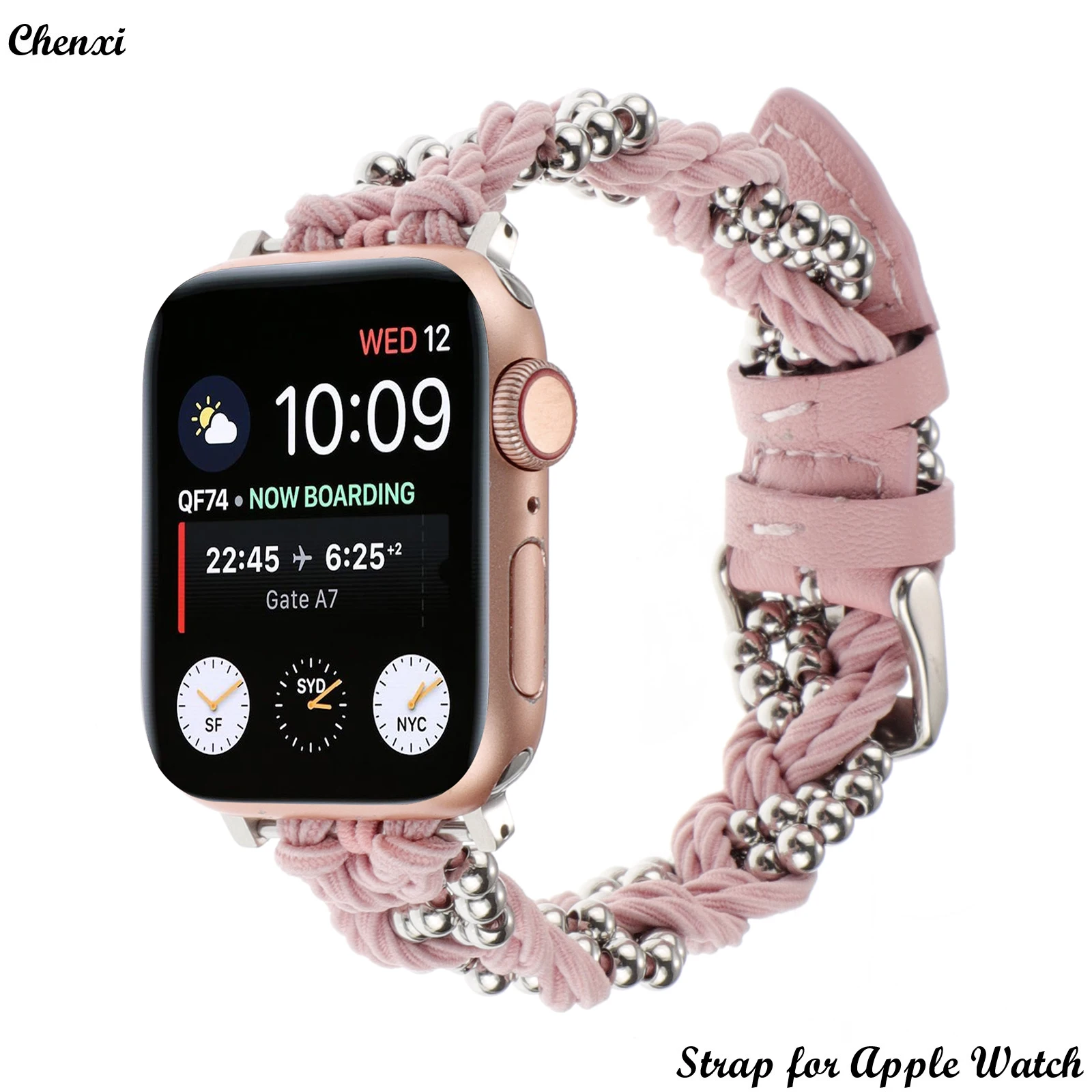 Enlarge Steel bead strap for Apple watch band women Elastic woven chain iwatch87654321SE Ultra38 40 41 42 44 45mm leather sweet wrist