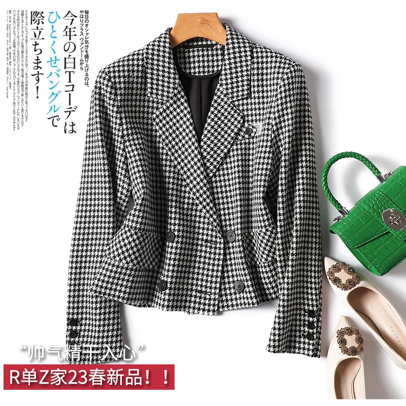 

Gingham High Waist Tweed Blazer Women High-quality Design New 2023 Appliques High Street O-Neck Bleizer Femenino Elegante