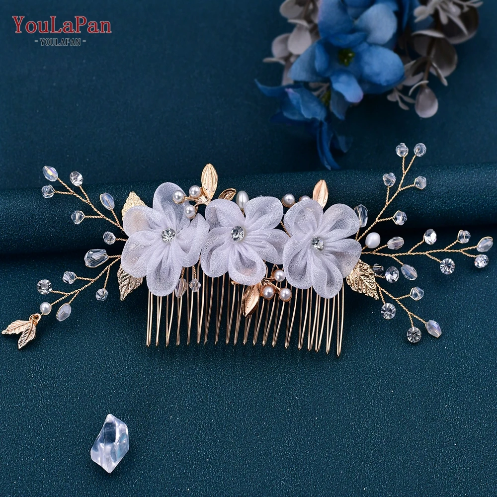 

TOPQUEEN Organza Flower Bridal Hair Comb Headpieces Crystal Girl Hair Clips for Bridesmaids Wedding Woman Hair Accessories HP76