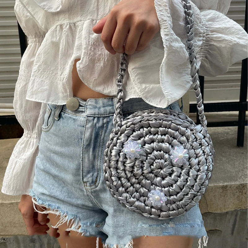 

Korean Round Straw Woven Summer Purse Small Hand Hook Silk Woven Tote Bags for Women Cloth Strip Mini Bag