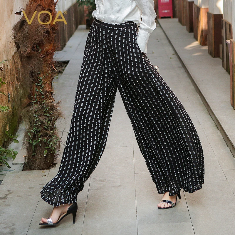 

VOA Шелковые летние свободные повседневные широкие брюки для отдыха Boho Palazzo Брюки черные с волнистыми точками женские брюки со средней талие...