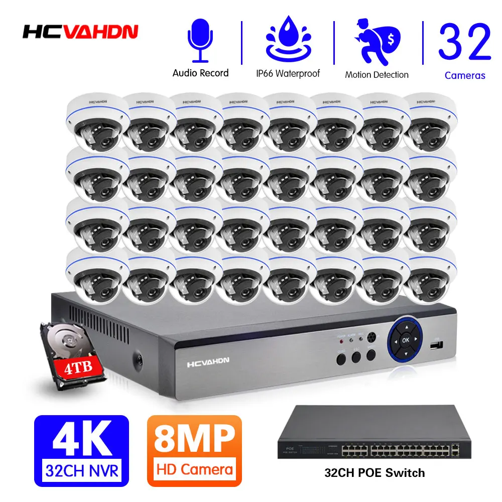 

32CH CCTV Camera System Indoor Outdoor Metal 4K POE IP Dome Security Camera Set Audio 8MP XMEYE NVR Video Surveillance Kit 16CH