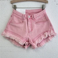 pink all matching denim shorts womens summer high waist slim fit ultra short hot pants girls students frayed tassel jeans pants